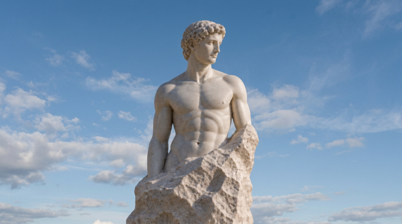 Classical marble statue emerging from stone beneath an open sky