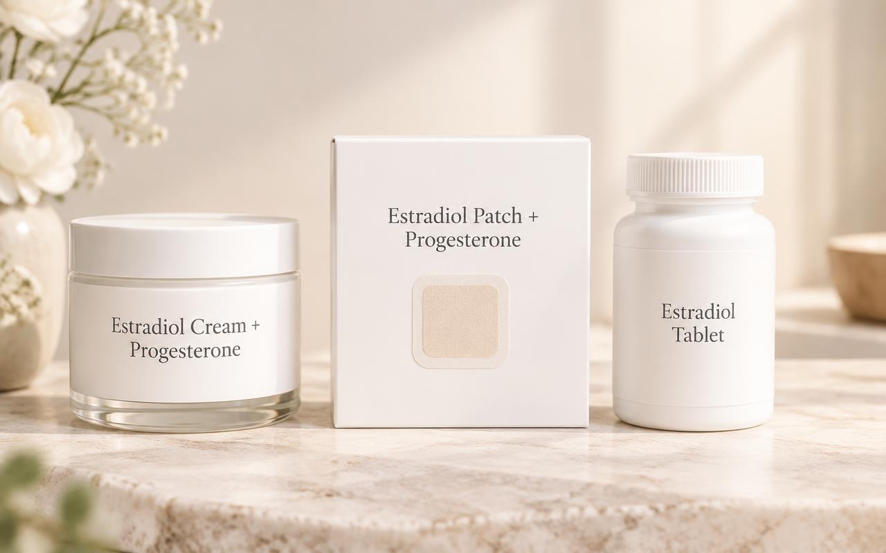 Estradiol cream jar, progesterone patch box, and estradiol tablet bottle on a bright stone surface