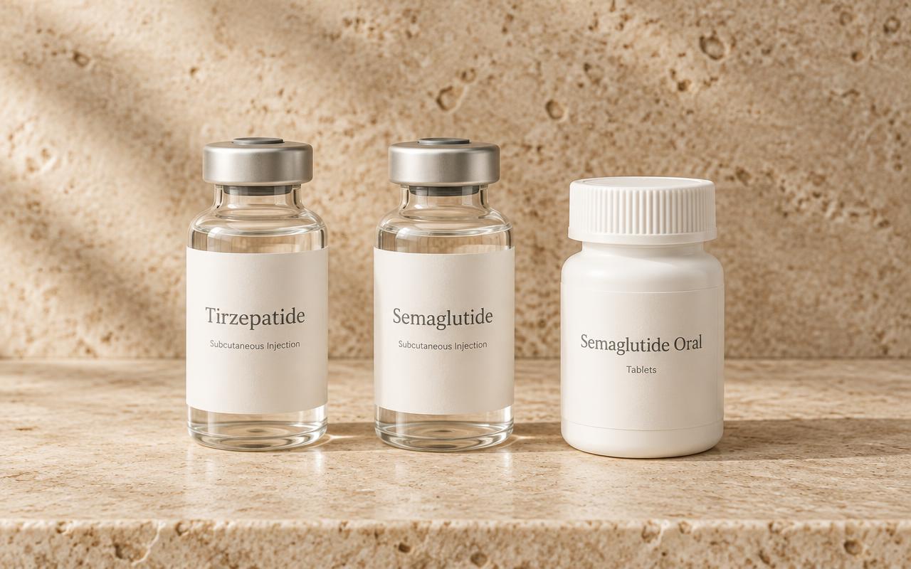 Tirzepatide and semaglutide injection vials with an oral semaglutide tablet bottle on a stone surface
