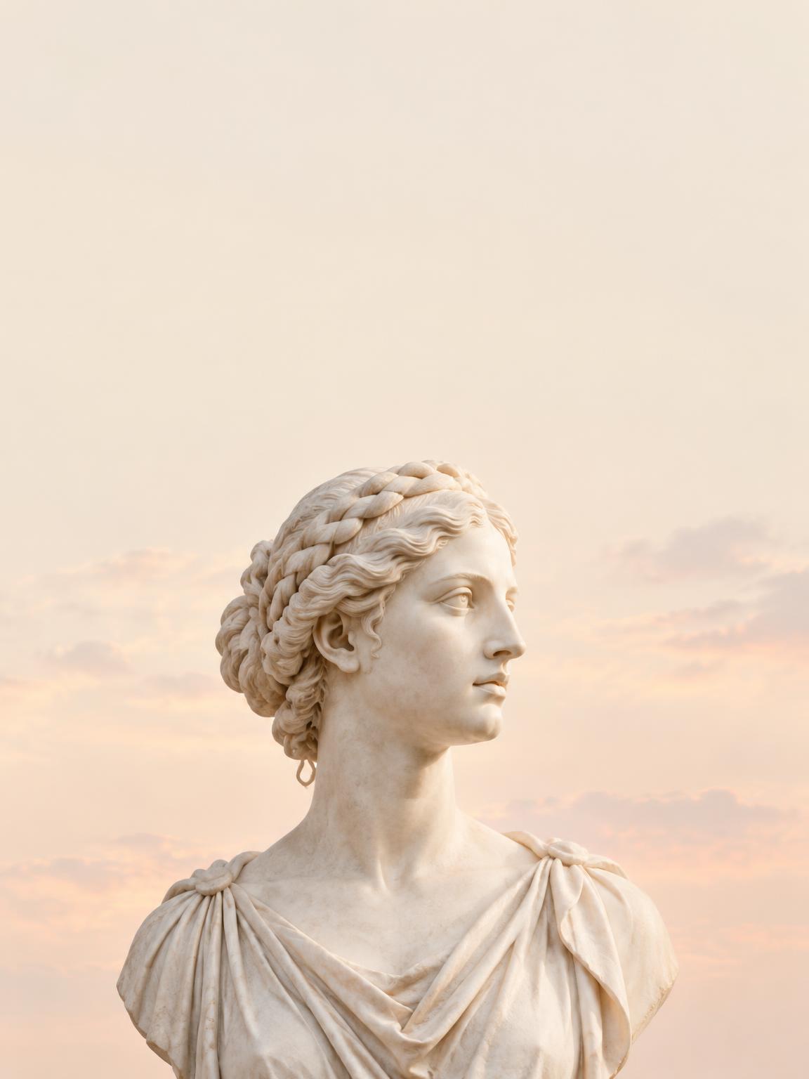 Sunlit marble female sculpture under an open sky